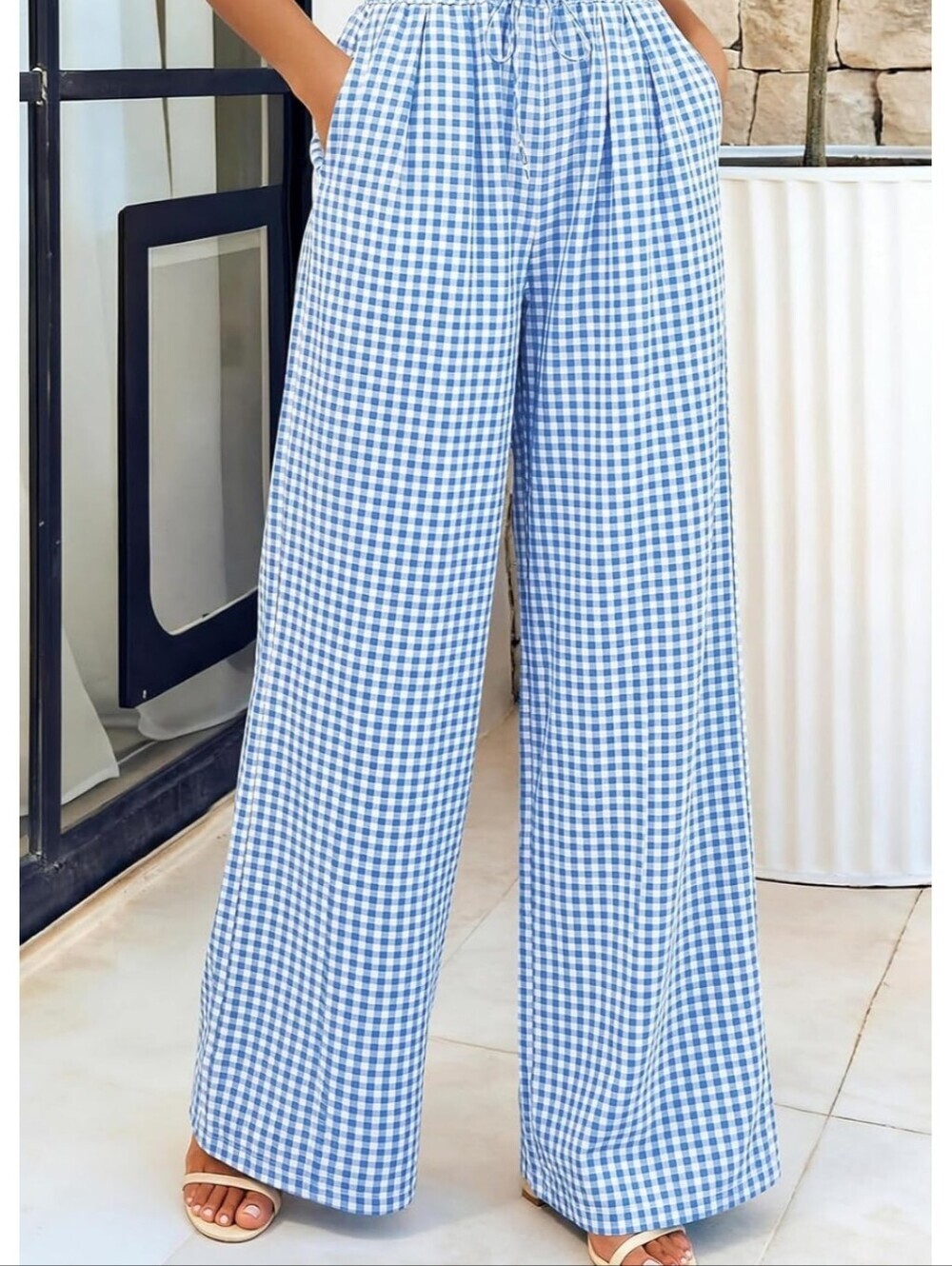Blue Gingham Wide-Leg Pants - Casual Pull-On - Picture 3 of 6